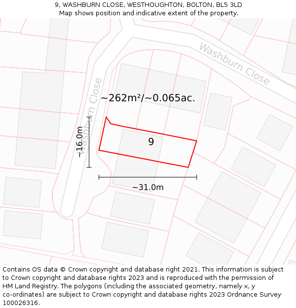9, WASHBURN CLOSE, WESTHOUGHTON, BOLTON, BL5 3LD: Plot and title map