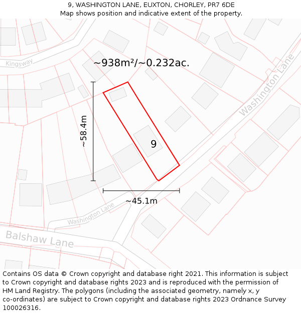 9, WASHINGTON LANE, EUXTON, CHORLEY, PR7 6DE: Plot and title map