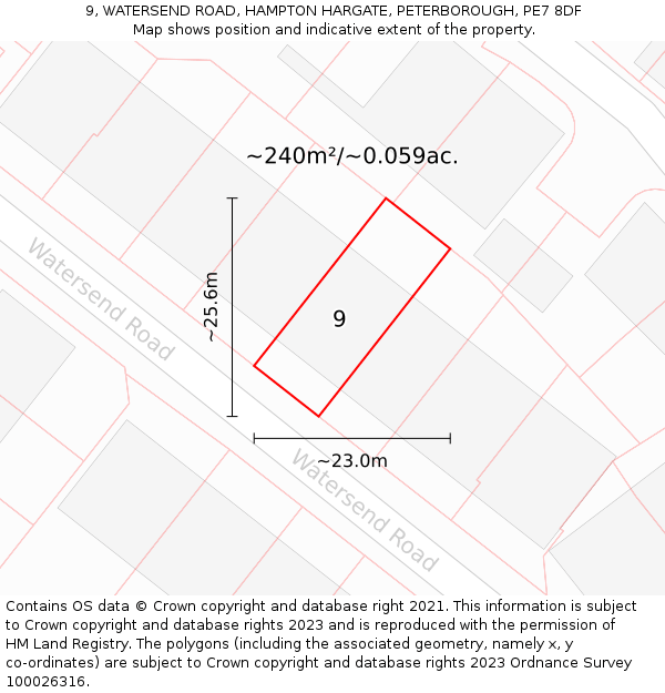 9, WATERSEND ROAD, HAMPTON HARGATE, PETERBOROUGH, PE7 8DF: Plot and title map