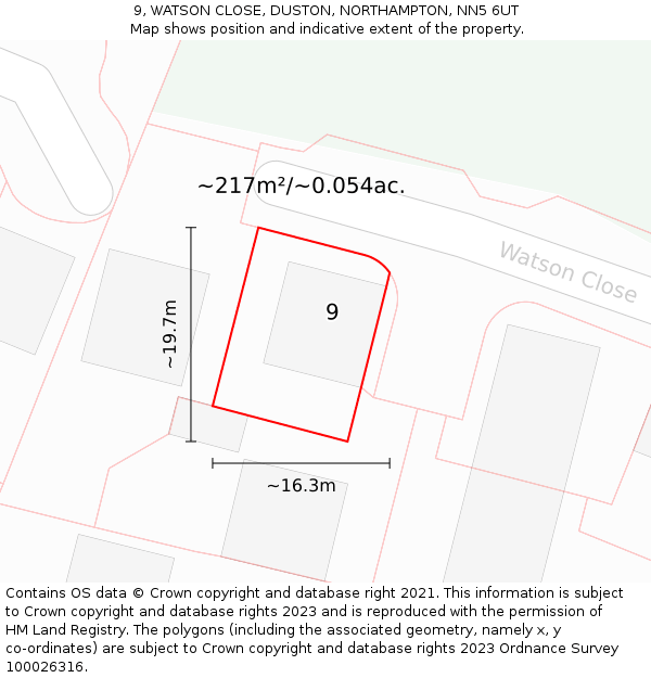 9, WATSON CLOSE, DUSTON, NORTHAMPTON, NN5 6UT: Plot and title map