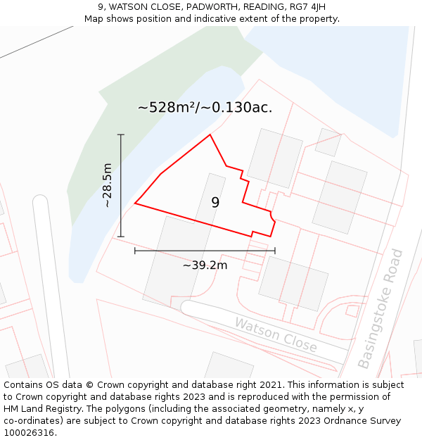 9, WATSON CLOSE, PADWORTH, READING, RG7 4JH: Plot and title map