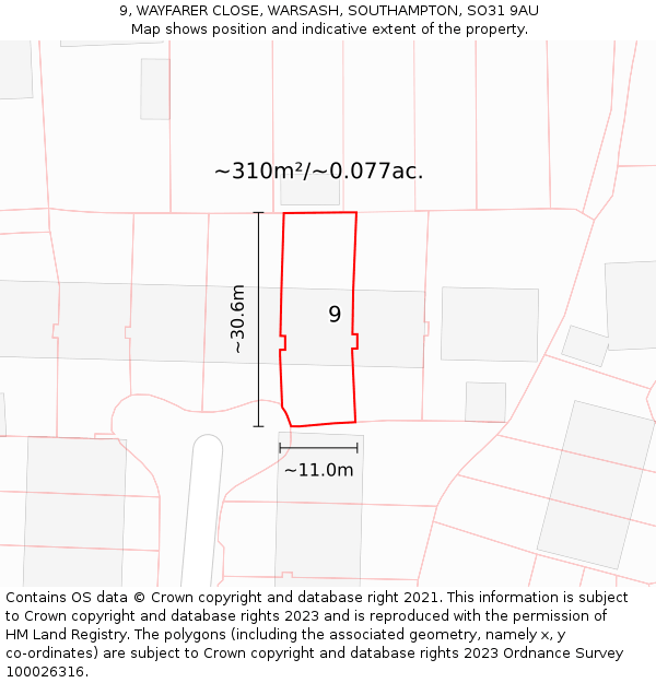 9, WAYFARER CLOSE, WARSASH, SOUTHAMPTON, SO31 9AU: Plot and title map
