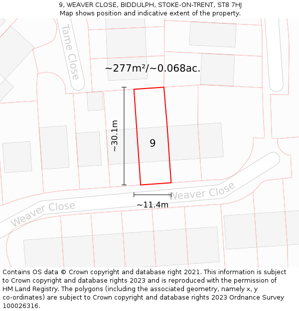 9, WEAVER CLOSE, BIDDULPH, STOKE-ON-TRENT, ST8 7HJ: Plot and title map