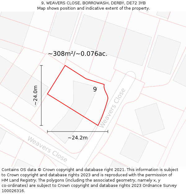 9, WEAVERS CLOSE, BORROWASH, DERBY, DE72 3YB: Plot and title map