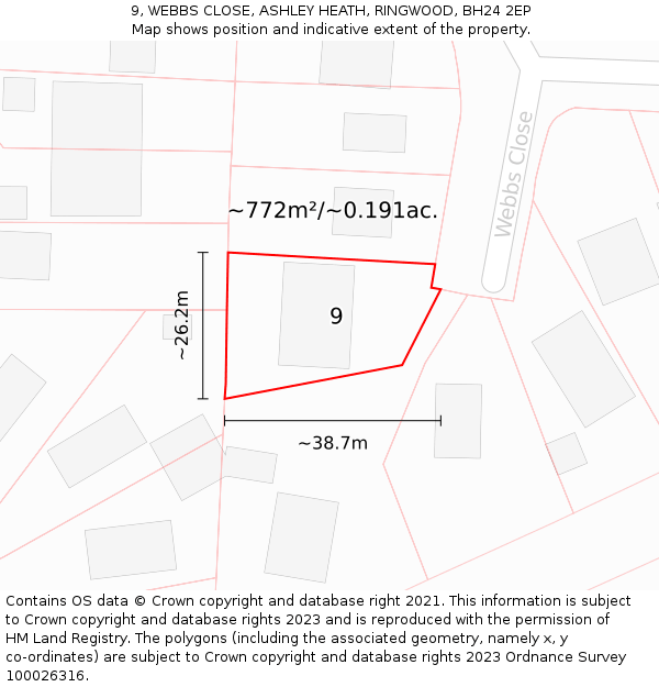 9, WEBBS CLOSE, ASHLEY HEATH, RINGWOOD, BH24 2EP: Plot and title map