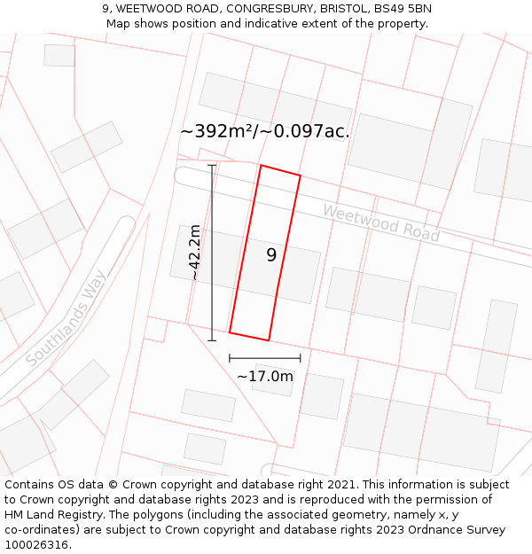 9, WEETWOOD ROAD, CONGRESBURY, BRISTOL, BS49 5BN: Plot and title map