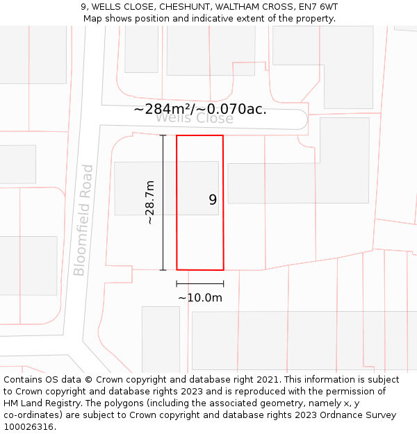9, WELLS CLOSE, CHESHUNT, WALTHAM CROSS, EN7 6WT: Plot and title map