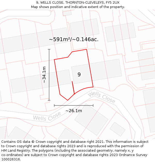 9, WELLS CLOSE, THORNTON-CLEVELEYS, FY5 2UX: Plot and title map