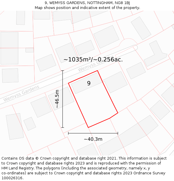 9, WEMYSS GARDENS, NOTTINGHAM, NG8 1BJ: Plot and title map