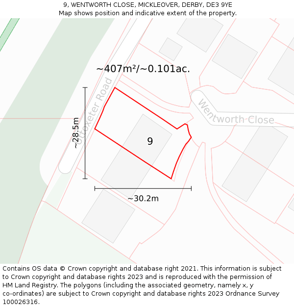 9, WENTWORTH CLOSE, MICKLEOVER, DERBY, DE3 9YE: Plot and title map