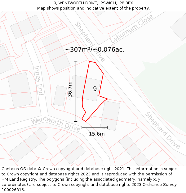 9, WENTWORTH DRIVE, IPSWICH, IP8 3RX: Plot and title map