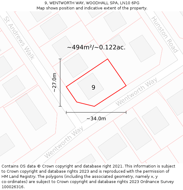 9, WENTWORTH WAY, WOODHALL SPA, LN10 6PG: Plot and title map