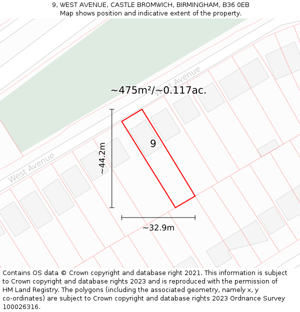 9, WEST AVENUE, CASTLE BROMWICH, BIRMINGHAM, B36 0EB: Plot and title map