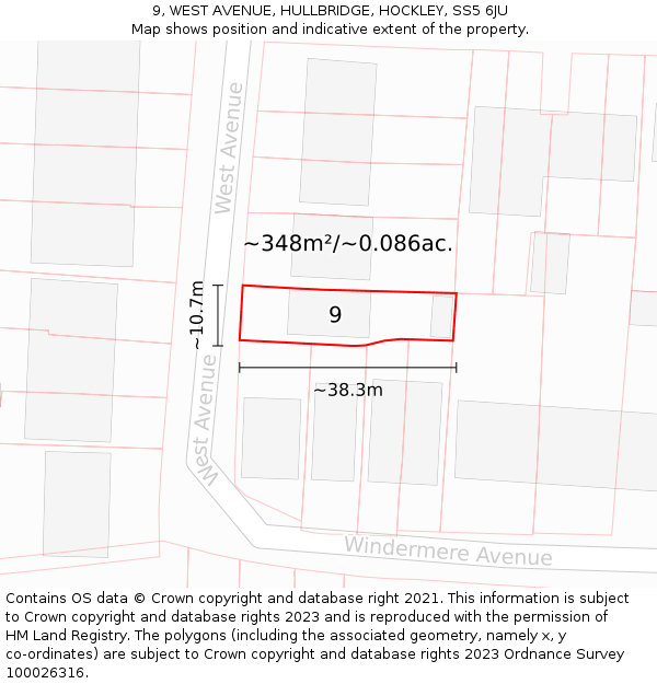 9, WEST AVENUE, HULLBRIDGE, HOCKLEY, SS5 6JU: Plot and title map