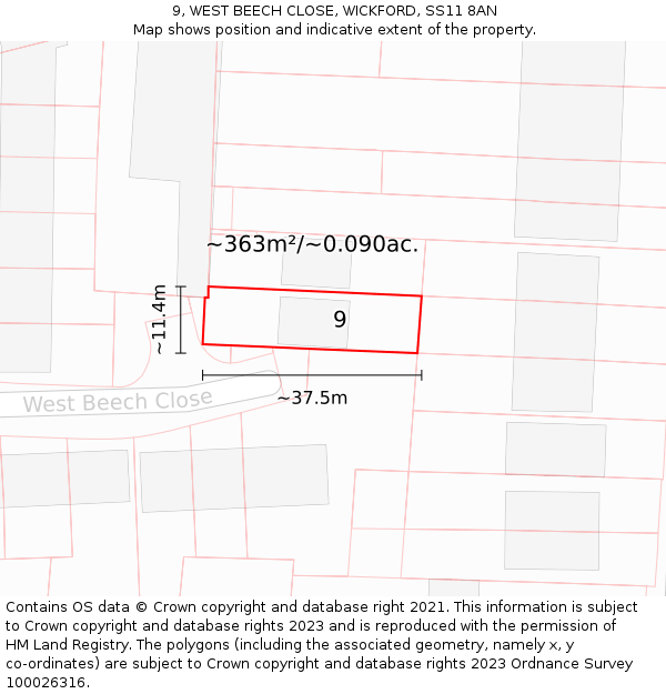 9, WEST BEECH CLOSE, WICKFORD, SS11 8AN: Plot and title map