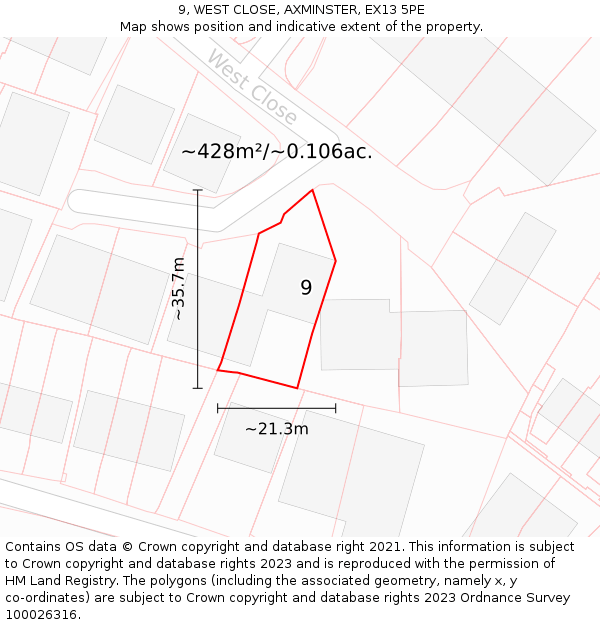 9, WEST CLOSE, AXMINSTER, EX13 5PE: Plot and title map