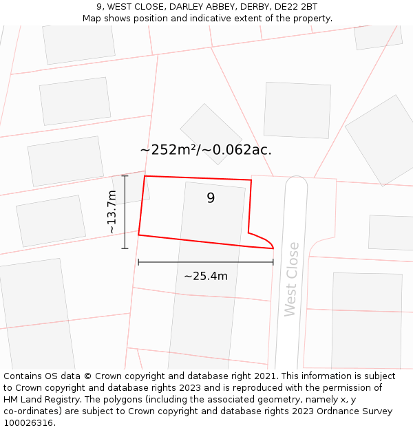 9, WEST CLOSE, DARLEY ABBEY, DERBY, DE22 2BT: Plot and title map