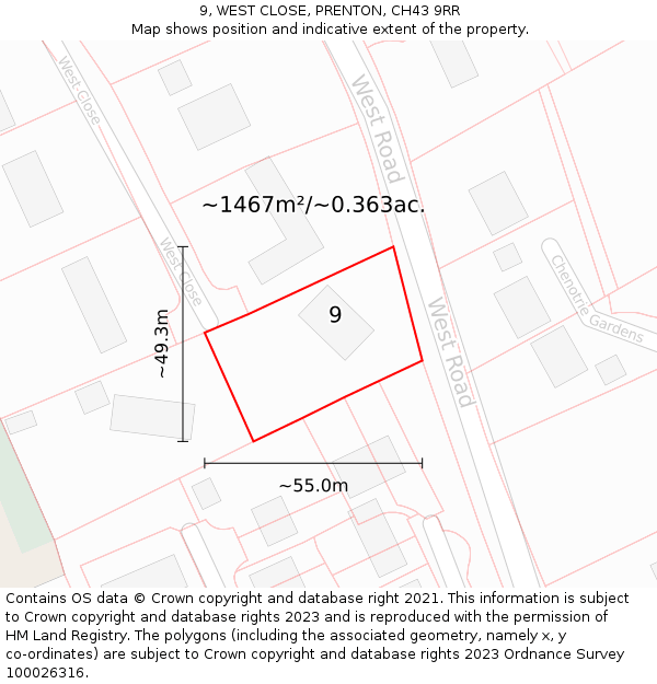 9, WEST CLOSE, PRENTON, CH43 9RR: Plot and title map