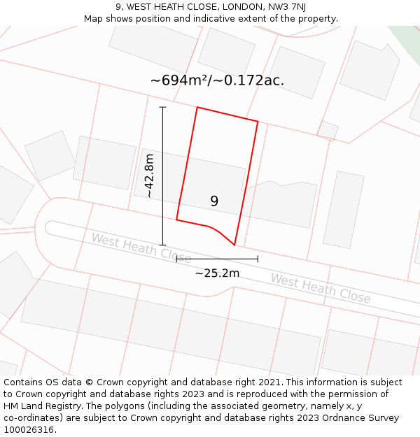 9, WEST HEATH CLOSE, LONDON, NW3 7NJ: Plot and title map