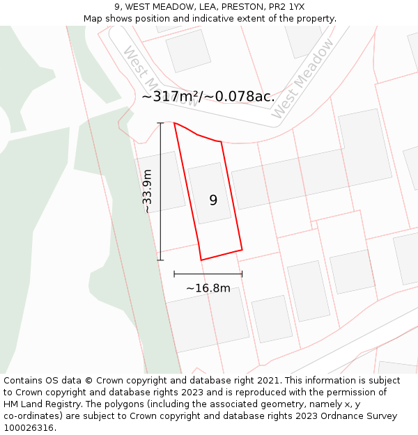 9, WEST MEADOW, LEA, PRESTON, PR2 1YX: Plot and title map