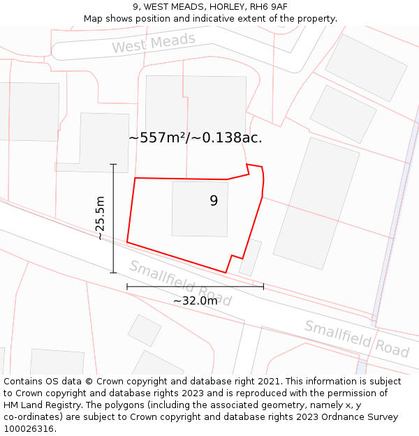 9, WEST MEADS, HORLEY, RH6 9AF: Plot and title map