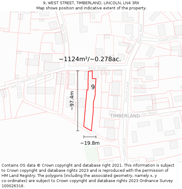 9, WEST STREET, TIMBERLAND, LINCOLN, LN4 3RX: Plot and title map