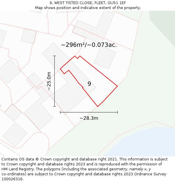 9, WEST TISTED CLOSE, FLEET, GU51 1EF: Plot and title map