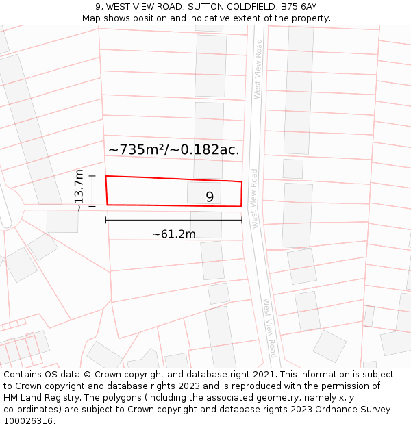9, WEST VIEW ROAD, SUTTON COLDFIELD, B75 6AY: Plot and title map