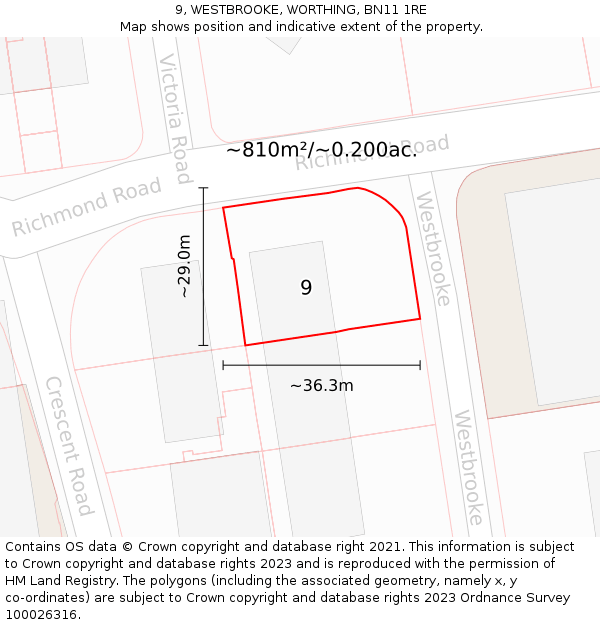 9, WESTBROOKE, WORTHING, BN11 1RE: Plot and title map