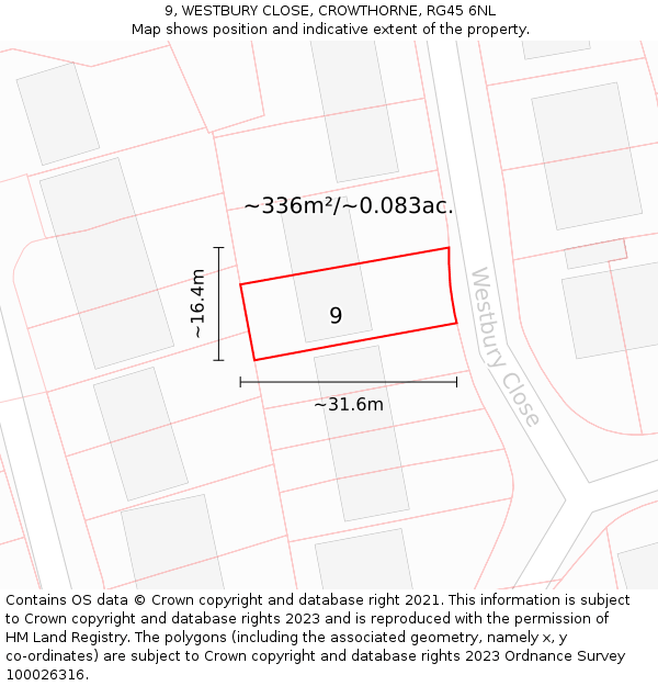 9, WESTBURY CLOSE, CROWTHORNE, RG45 6NL: Plot and title map