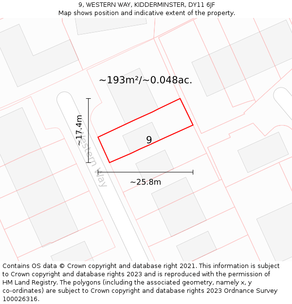 9, WESTERN WAY, KIDDERMINSTER, DY11 6JF: Plot and title map