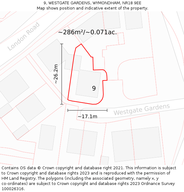9, WESTGATE GARDENS, WYMONDHAM, NR18 9EE: Plot and title map