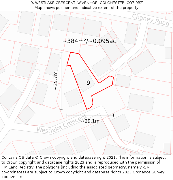 9, WESTLAKE CRESCENT, WIVENHOE, COLCHESTER, CO7 9RZ: Plot and title map