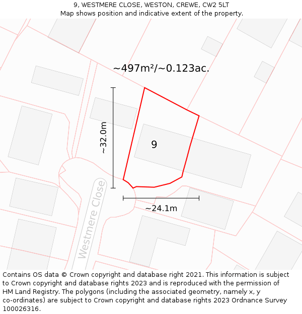 9, WESTMERE CLOSE, WESTON, CREWE, CW2 5LT: Plot and title map