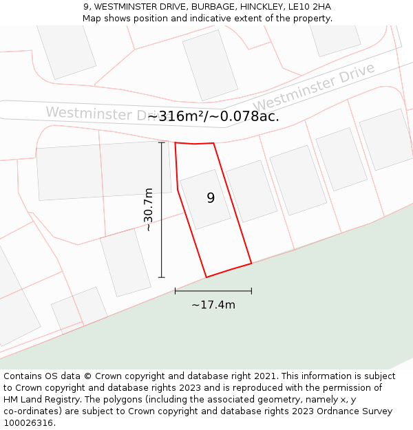 9, WESTMINSTER DRIVE, BURBAGE, HINCKLEY, LE10 2HA: Plot and title map