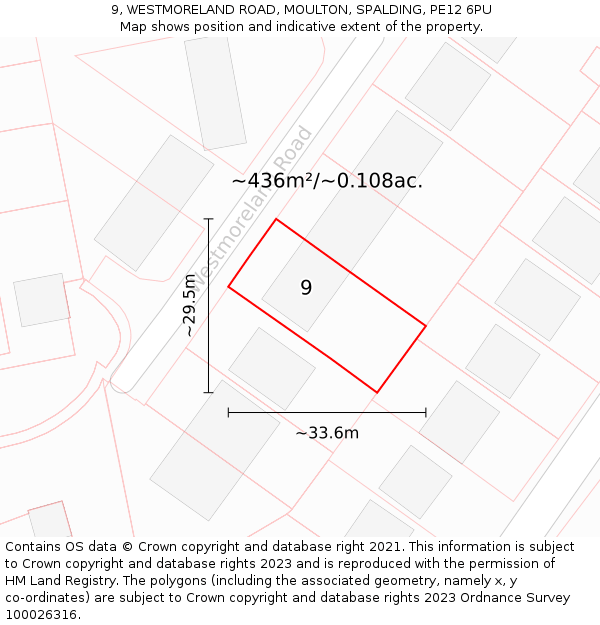 9, WESTMORELAND ROAD, MOULTON, SPALDING, PE12 6PU: Plot and title map