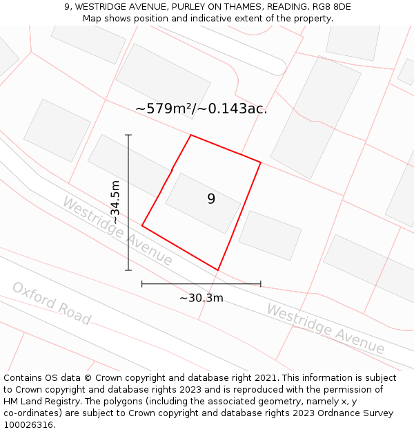 9, WESTRIDGE AVENUE, PURLEY ON THAMES, READING, RG8 8DE: Plot and title map