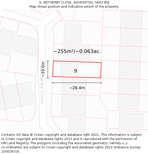 9, WETHERBY CLOSE, ASHINGTON, NE63 8NJ: Plot and title map