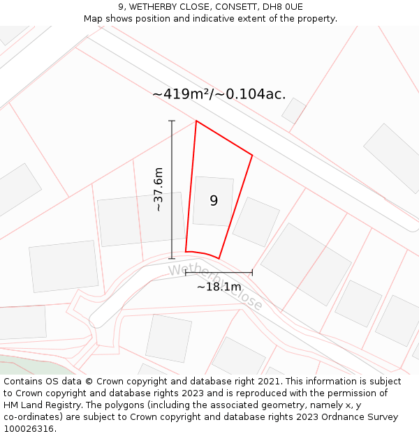 9, WETHERBY CLOSE, CONSETT, DH8 0UE: Plot and title map