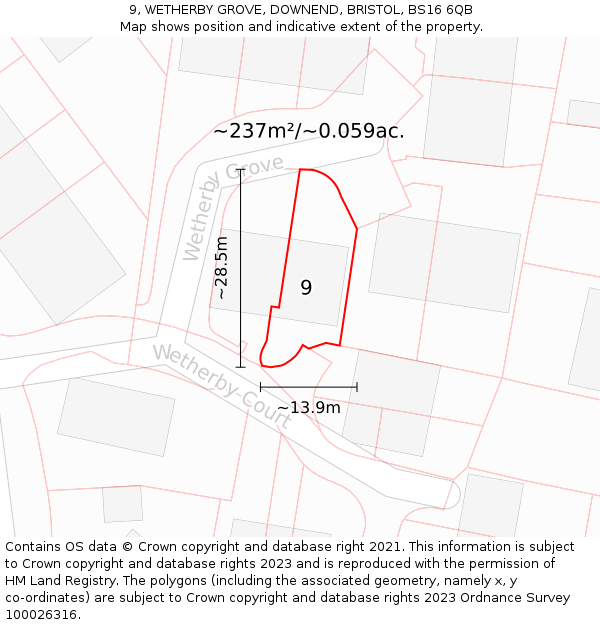 9, WETHERBY GROVE, DOWNEND, BRISTOL, BS16 6QB: Plot and title map