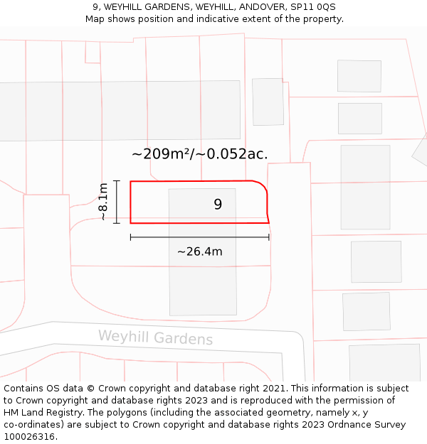 9, WEYHILL GARDENS, WEYHILL, ANDOVER, SP11 0QS: Plot and title map