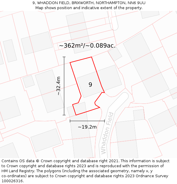 9, WHADDON FIELD, BRIXWORTH, NORTHAMPTON, NN6 9UU: Plot and title map
