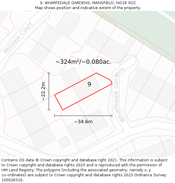 9, WHARFEDALE GARDENS, MANSFIELD, NG18 3GZ: Plot and title map