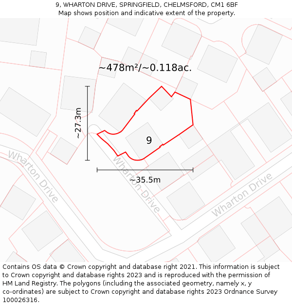 9, WHARTON DRIVE, SPRINGFIELD, CHELMSFORD, CM1 6BF: Plot and title map