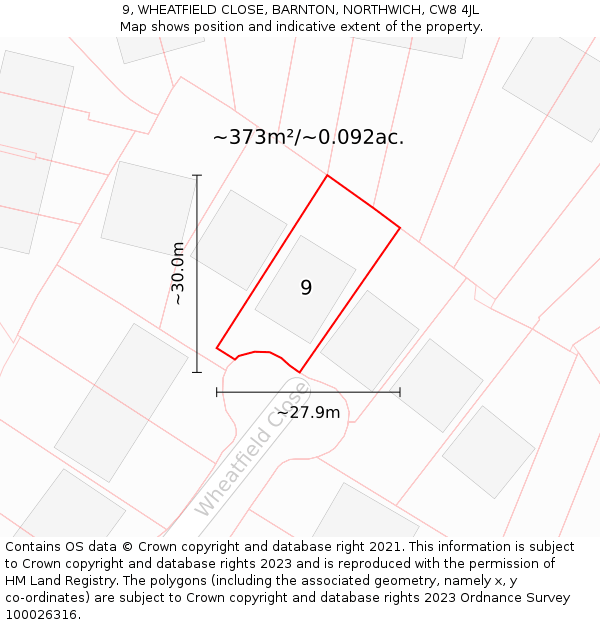 9, WHEATFIELD CLOSE, BARNTON, NORTHWICH, CW8 4JL: Plot and title map
