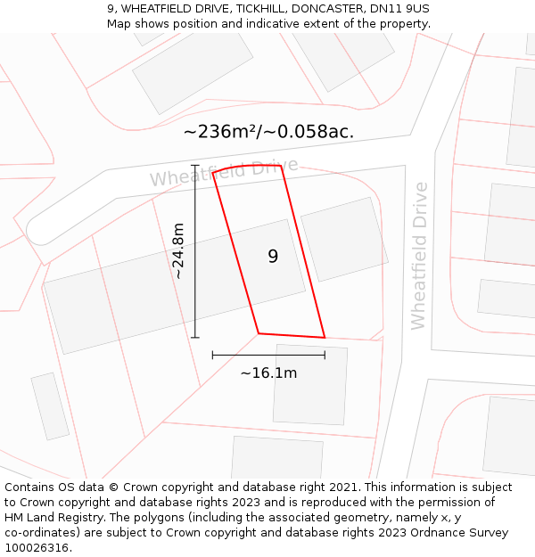 9, WHEATFIELD DRIVE, TICKHILL, DONCASTER, DN11 9US: Plot and title map