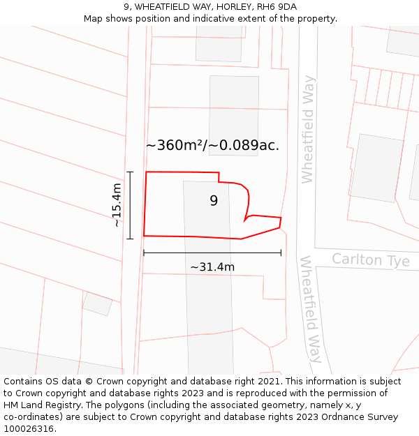 9, WHEATFIELD WAY, HORLEY, RH6 9DA: Plot and title map