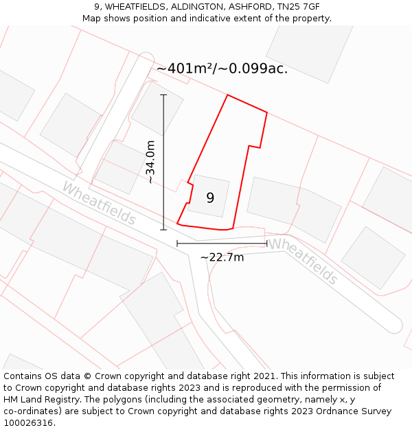 9, WHEATFIELDS, ALDINGTON, ASHFORD, TN25 7GF: Plot and title map