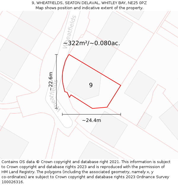 9, WHEATFIELDS, SEATON DELAVAL, WHITLEY BAY, NE25 0PZ: Plot and title map