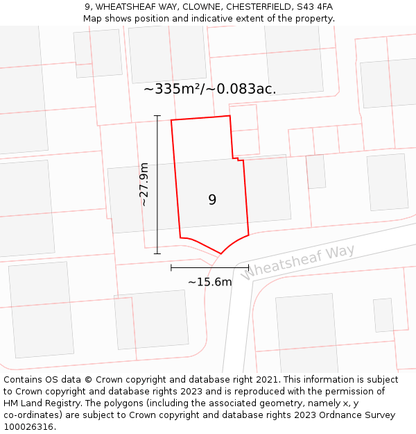 9, WHEATSHEAF WAY, CLOWNE, CHESTERFIELD, S43 4FA: Plot and title map